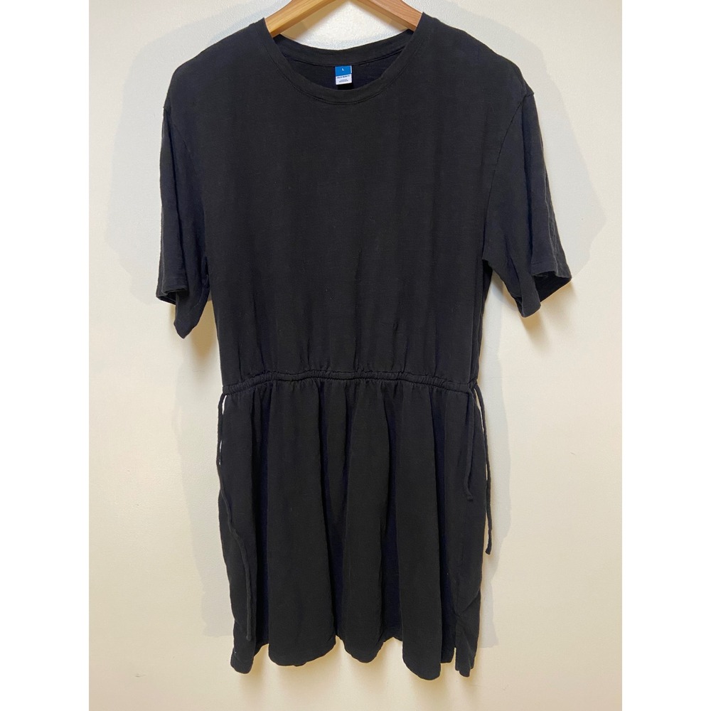 Old Navy T-Shirt Dress Women Large Black Slub Knit Cinch Waist Short Sleeve Mini